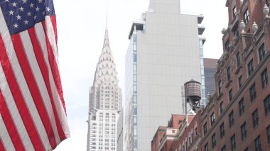 New York, american flag. Chrysler building. Manhattan midtown city street, Lexington Lex Avenue. Symbol of freedom, democracy, liberty and patriotism. Star-Spangled Banner. Stars, Stripes. Water tower clipart