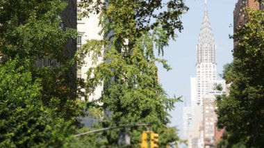 New York City Manhattan Midtown architecture. Chrysler building on 42 street, iconic USA skyscraper. Famous american tower, NYC United States. Lexington avenue, Irving st. Gramercy park trees greenery clipart