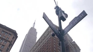 New York Şehri kavşağı, yol kavşağı tabelası. Empire State binası, Midtown bölgesi, Broadway, 34, NYC, ABD. Yükselen gökdelen mimarisi, Bway köşe metin yol işareti.