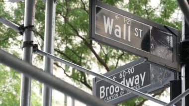 New York, Birleşik Devletler. Aşağı Manhattan Finansal Bölge Caddesi. Amerikan Wall Street ve Broadway köşe trafik levhası. Borsa, ABD Borsası. Kesişen yol.