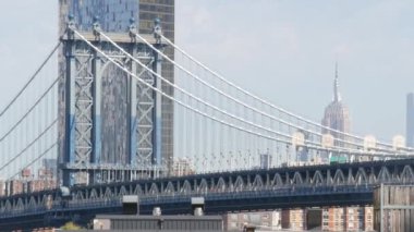 Brooklyn Köprüsü manzaralı New York City Manhattan Köprüsü. Şehir merkezindeki Empire State binası. ABD seyahat simgesi, New York silueti şehir manzarası. İkonik mimari gezisi. Amerika Birleşik Devletleri 'ni Ziyaret Et.