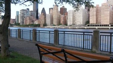 New York şehri kıyısı silueti, Manhattan şehir merkezi binaları, nehir kıyısındaki gökdelenler, doğu nehri suyu. Roosevelt Adası 'ndan deniz kenarı manzarası. Birleşik Devletler mimarisi ve gayrimenkul.