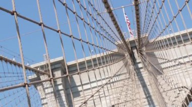 Brooklyn Köprüsü 'nden Manhattan' a, kablolar ve mavi gökyüzü. New York 'un sembolü, Amerika' nın seyahat yeri. Amerika Birleşik Devletleri 'nin mimarisi, turist simgesi. Kablolu yayın köprüsü. Hollanda açısı.