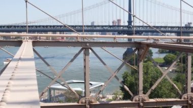 Brooklyn Köprüsü 'nden New York City Manhattan Köprüsü' ne. Dumbo atlıkarınca, ABD seyahat simgesi, New York siluet şehri. East River suyunun üzerindeki ikonik mimari kablolardan. Amerika Birleşik Devletleri 'ni Ziyaret Et.