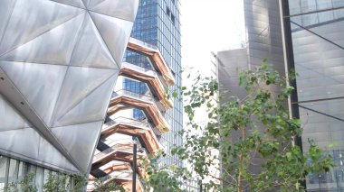 New York, Birleşik Devletler. Hudson Yards kentsel mimarisi Chelsea, Manhattan Midtown, NYC, ABD 'de. Yeni modern gökdelenler, Amerikan iş binaları ve gayrimenkul. Sanat simgesi