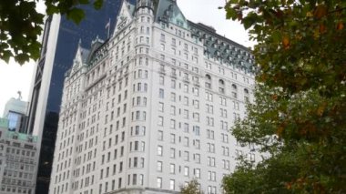 New York Şehri Manhattan Midtown. 5. Cadde 'deki Central Park, ABD. Amerika 'nın simgesi, NYC, ABD' deki şehir parkı. Grand Army Plaza, Pulitzer Plaza 'dan otel mimarisi.