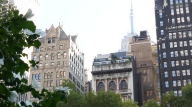 New York, Manhattan Midtown Bryant Parkı 42 sokak ve 5. Cadde köşesi, Birleşik Devletler. Amerika 'da NYC' nin simgesi. Parkın bahçesinde ağaçlar yeşillik. Binalar.