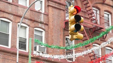 New York City Little Italy ethnical district decoration. Manhattan classic red brick building architecture. Italian decor and residential houses near Grand and Mulberry street. American immigration. clipart