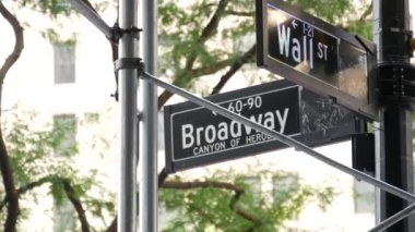 New York, Birleşik Devletler. Aşağı Manhattan Finansal Bölge Caddesi. Amerikan Wall Street ve Broadway köşe trafik levhası. Borsa, ABD Borsası. Kesişen yol.