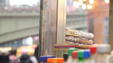 New York City life, Manhattan Midtown 42 street. Fast food hot dog, street food kiosk. Defocused people pedestrian near Grand Central Terminal Station, Pershing Square Bridge USA. Precel, hotdog to go clipart