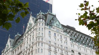New York Şehri Manhattan Midtown. 5. Cadde 'deki Central Park, ABD. Amerika 'nın simgesi, NYC, ABD' deki şehir parkı. Grand Army Plaza, Pulitzer Plaza 'dan otel mimarisi.