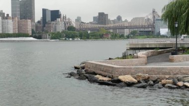 New York City rıhtım silueti, Manhattan Midtown binaları, nehir kenarındaki gökdelenler, Doğu nehri. Gantry Plaza Park, Long Island, Queens, ABD 'den deniz kenarı manzarası. Queensboro Köprüsü.