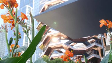New York, Birleşik Devletler. Hudson Yards şehir mimarisi Chelsea, New York Manhattan Midtown, ABD 'de. Amerikan sanat eserleri ve çiçekler çiçek açar. Bahar ya da yaz çiçekliği. Yeşillik ve modern binalar