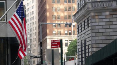 New York City, United States. Lower Manhattan Downtown Financial District urban architecture. American flag. Federal Reserve Bank building near Wall street Stock Exchange. USA Federal Reserve System. clipart