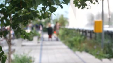 New York City High Line Greenway 'i yükseltti, Manhattan Midtown, ABD. Şehir parkındaki insanlar. Bahçedeki yeşillikte gezinti. Amerikan sokak hayatı, Hudson Yards yakınlarında Chelsea Highline. Demiryolu rayları.