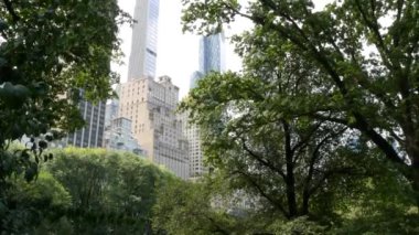 New York Şehri Manhattan Midtown. 5. Cadde 'deki Central Park, ABD. Amerika 'nın simgesi, NYC, ABD' deki şehir parkı. 59 caddedeki bahçe ağaçlarının oradaki bina mimarisi..