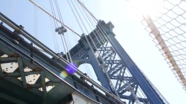 Manhattan Köprüsü 'nden Brooklyn Dumbo' ya. New York 'un sembolü, Amerika' nın seyahat yeri. Birleşik Devletler 'in mimarisi, turizm simgesi. Kablolu yayın köprüsü. Yaya yolundan kablolar ve gökyüzü. Güneş ışınları.