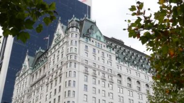 New York Şehri Manhattan Midtown. 5. Cadde 'deki Central Park, ABD. Amerika 'nın simgesi, NYC, ABD' deki şehir parkı. Grand Army Plaza, Pulitzer Plaza 'dan otel mimarisi.