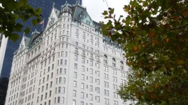 New York Şehri Manhattan Midtown. 5. Cadde 'deki Central Park, ABD. Amerika 'nın simgesi, NYC, ABD' deki şehir parkı. Grand Army Plaza, Pulitzer Plaza 'dan otel mimarisi.
