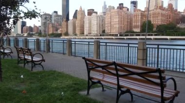 New York şehri kıyısı silueti, Manhattan şehir merkezi binaları, nehir kıyısındaki gökdelenler, doğu nehri suyu. Roosevelt Adası 'ndan deniz kenarı manzarası. Birleşik Devletler mimarisi ve gayrimenkul.
