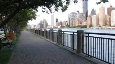 New York şehri kıyısı silueti, Manhattan şehir merkezi binaları, nehir kıyısındaki gökdelenler, doğu nehri suyu. Roosevelt Adası 'ndan deniz kenarı manzarası. Birleşik Devletler mimarisi ve gayrimenkul.