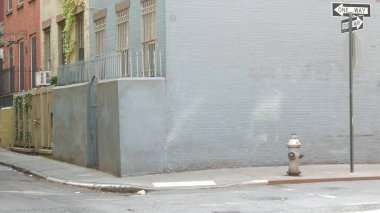 New York tek yönlü kavşak, Minetta caddesi kavşağı tek yönlü ok işareti. Manhattan Greenwich Village konut mimarisi, NYC, ABD. Mavi tuğla duvar, yangın musluğu.