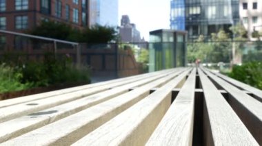 New York City High Line Greenway 'i yükseltti, Manhattan Midtown, ABD. Şehir parkındaki insanlar. Bahçedeki yeşillikte gezinti. Amerikan sokak hayatı, Hudson Yards yakınlarında Chelsea Highline. Tahta bank..