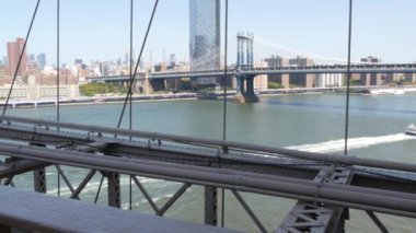 Brooklyn Köprüsü manzaralı New York City Manhattan Köprüsü. ABD seyahat simgesi, New York silueti şehir manzarası. East River suyunun üzerindeki ikonik mimari kablolardan. Amerika Birleşik Devletleri 'ni Ziyaret Et.