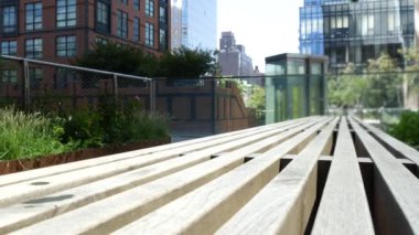New York City High Line Greenway 'i yükseltti, Manhattan Midtown, ABD. Şehir parkındaki insanlar. Bahçedeki yeşillikte gezinti. Amerikan sokak hayatı, Hudson Yards yakınlarında Chelsea Highline. Tahta bank..
