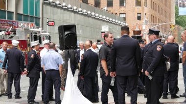 New York City, United States - 11 September 2023: Firefighters celebrate Patriot Day. 911 memorial remembrance event, FDNY commemorate anniversary. Fire Department Station, Manhattan Midtown firehouse clipart