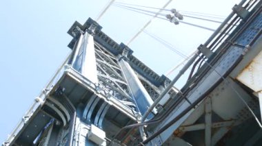 Manhattan Köprüsü 'nden Brooklyn Dumbo' ya. New York 'un sembolü, Amerika' nın seyahat yeri. Birleşik Devletler 'in mimarisi, turizm simgesi. Kablolu yayın köprüsü. Yaya yolundan kablolar ve gökyüzü. Düşük açı.