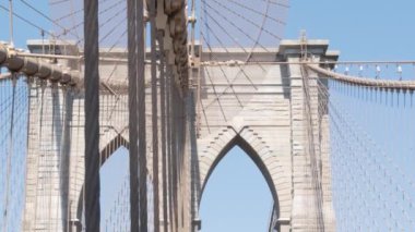 Brooklyn Köprüsü 'nden Manhattan' a, kablolar ve mavi gökyüzü. New York 'un simgesel sembolü, ABD' nin seyahat hedefi. Amerika Birleşik Devletleri 'nin mimarisi, turist simgesi. Ünlü kablolu yayın köprüsü.