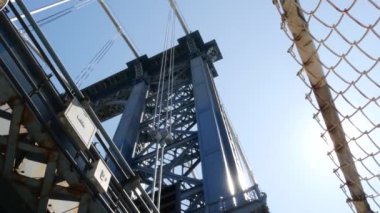 Manhattan Köprüsü 'nden Brooklyn Dumbo' ya. New York 'un sembolü, Amerika' nın seyahat yeri. Birleşik Devletler 'in mimarisi, turizm simgesi. Kablolu yayın köprüsü. Yaya yolundan kablolar ve gökyüzü. Güneş ışınları.