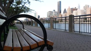 New York şehri kıyısı silueti, Manhattan şehir merkezi binaları, nehir kıyısındaki gökdelenler, doğu nehri suyu. Roosevelt Adası 'ndan deniz kenarı manzarası. Birleşik Devletler mimarisi ve gayrimenkul.