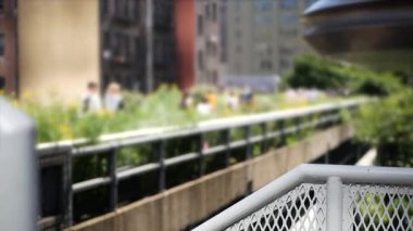 New York City High Line Greenway 'i yükseltti, Manhattan Midtown, ABD. Şehir parkında yayalar var. Bahçedeki yeşillikte gezinti. Amerikan sokak hayatı, Hudson Metrosu yakınlarındaki Chelsea Highline..