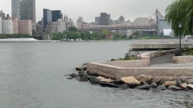 New York City rıhtım silueti, Manhattan Midtown binaları, nehir kenarındaki gökdelenler, Doğu nehri. Gantry Plaza Park, Long Island, Queens, ABD 'den deniz kenarı manzarası. Queensboro Köprüsü.