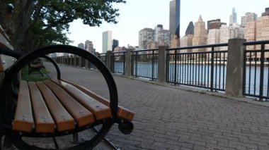 New York şehri kıyısı silueti, Manhattan şehir merkezi binaları, nehir kıyısındaki gökdelenler, doğu nehri suyu. Roosevelt Adası 'ndan deniz kenarı manzarası. Birleşik Devletler mimarisi ve gayrimenkul.