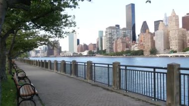 New York şehri kıyısı silueti, Manhattan şehir merkezi binaları, nehir kıyısındaki gökdelenler, doğu nehri suyu. Roosevelt Adası 'ndan deniz kenarı manzarası. Birleşik Devletler mimarisi ve gayrimenkul.