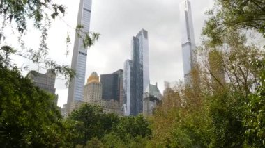 New York Şehri Manhattan Midtown. 5. Cadde 'deki Central Park, ABD. Amerika 'nın simgesi, NYC, ABD' deki şehir parkı. Gökdelen binaları mimarisi, 59 sokak silueti. Yeşil ağaçlar.