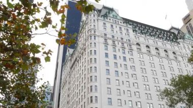 New York Şehri Manhattan Midtown. 5. Cadde 'deki Central Park, ABD. Amerika 'nın simgesi, NYC, ABD' deki şehir parkı. Grand Army Plaza, Pulitzer Plaza 'dan otel mimarisi.