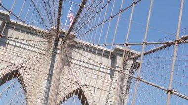 Brooklyn Köprüsü 'nden Manhattan' a, kablolar ve mavi gökyüzü. New York 'un sembolü, Amerika' nın seyahat yeri. Amerika Birleşik Devletleri 'nin mimarisi, turist simgesi. Kablolu yayın köprüsü. Hollanda açısı.