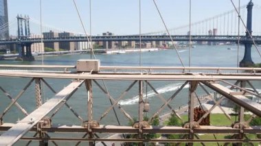 Brooklyn Köprüsü 'nden New York City Manhattan Köprüsü' ne. Dumbo atlıkarınca, ABD seyahat simgesi, New York siluet şehri. East River suyunun üzerindeki ikonik mimari kablolardan. Amerika Birleşik Devletleri 'ni Ziyaret Et.