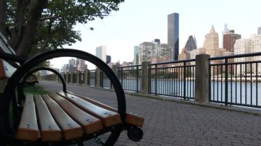 New York şehri kıyısı silueti, Manhattan şehir merkezi binaları, nehir kıyısındaki gökdelenler, doğu nehri suyu. Roosevelt Adası 'ndan deniz kenarı manzarası. Birleşik Devletler mimarisi ve gayrimenkul.