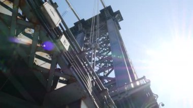 Manhattan Köprüsü 'nden Brooklyn Dumbo' ya. New York 'un sembolü, Amerika' nın seyahat yeri. Birleşik Devletler 'in mimarisi, turizm simgesi. Kablolu yayın köprüsü. Yaya yolundan kablolar ve gökyüzü. Güneş ışınları.