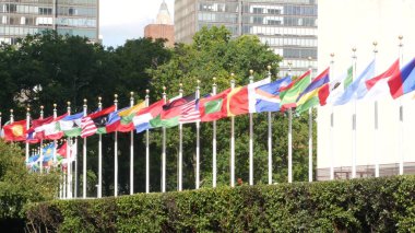 New York, ABD - 12 Eylül 2023: Birleşmiş Milletler Genel Merkezi, Manhattan Midtown, ABD. Diplomatik politik uluslararası organizasyon. Genel Kurul konferans oturumu için bayrak sırası.