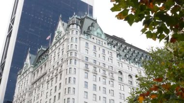 New York Şehri Manhattan Midtown. 5. Cadde 'deki Central Park, ABD. Amerika 'nın simgesi, NYC, ABD' deki şehir parkı. Grand Army Plaza, Pulitzer Plaza 'dan otel mimarisi.