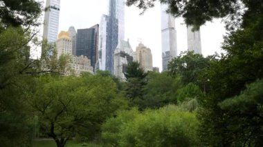 New York Şehri Manhattan Midtown. 5. Cadde 'deki Central Park, ABD. Amerika 'nın simgesi, NYC, ABD' deki şehir parkı. Gökdelen binaları mimarisi, 59 sokak silueti. Yeşil ağaçlar.
