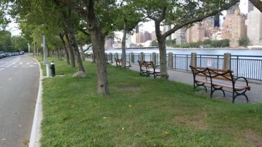 New York şehri kıyısı silueti, Manhattan şehir merkezi binaları, nehir kıyısındaki gökdelenler, doğu nehri suyu. Roosevelt Adası 'ndan deniz kenarı manzarası. Birleşik Devletler mimarisi ve gayrimenkul.