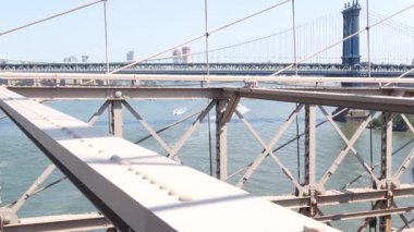 Brooklyn Köprüsü manzaralı New York City Manhattan Köprüsü. ABD seyahat simgesi, New York silueti şehir manzarası. East River suyunun üzerindeki ikonik mimari kablolardan. Amerika Birleşik Devletleri 'ni Ziyaret Et.