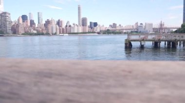 New York şehri kıyısı silueti, Manhattan şehir merkezi binaları, nehir kıyısındaki gökdelenler, doğu nehri suyu. Liman kenti manzarası, Gantry Plaza iskelesi, Long Island, Queens. Birleşik Devletler mimarisi.